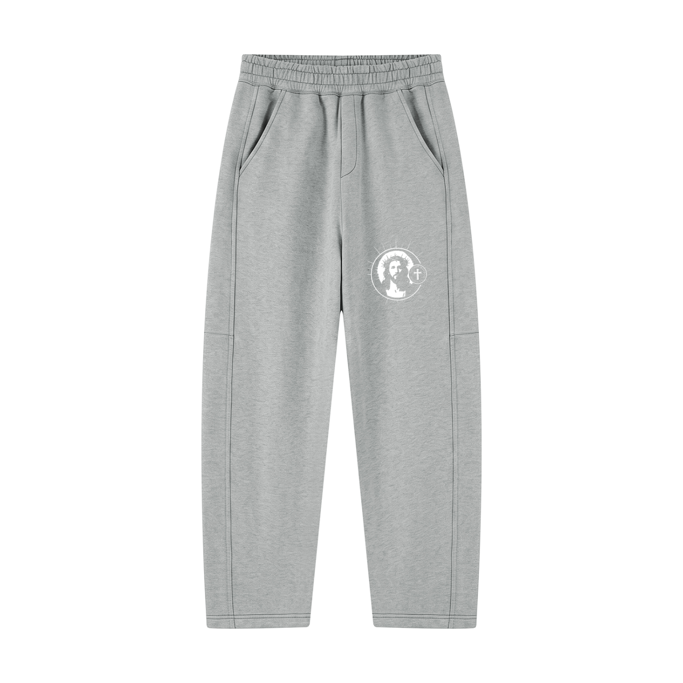 Dark gray unisex tapered straight hem sweatpants, elastic waist, circular logo on leg, side pockets