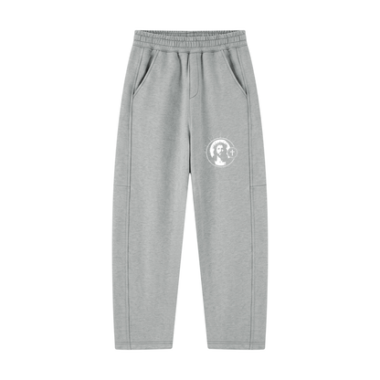 Dark gray unisex tapered straight hem sweatpants, elastic waist, circular logo on leg, side pockets