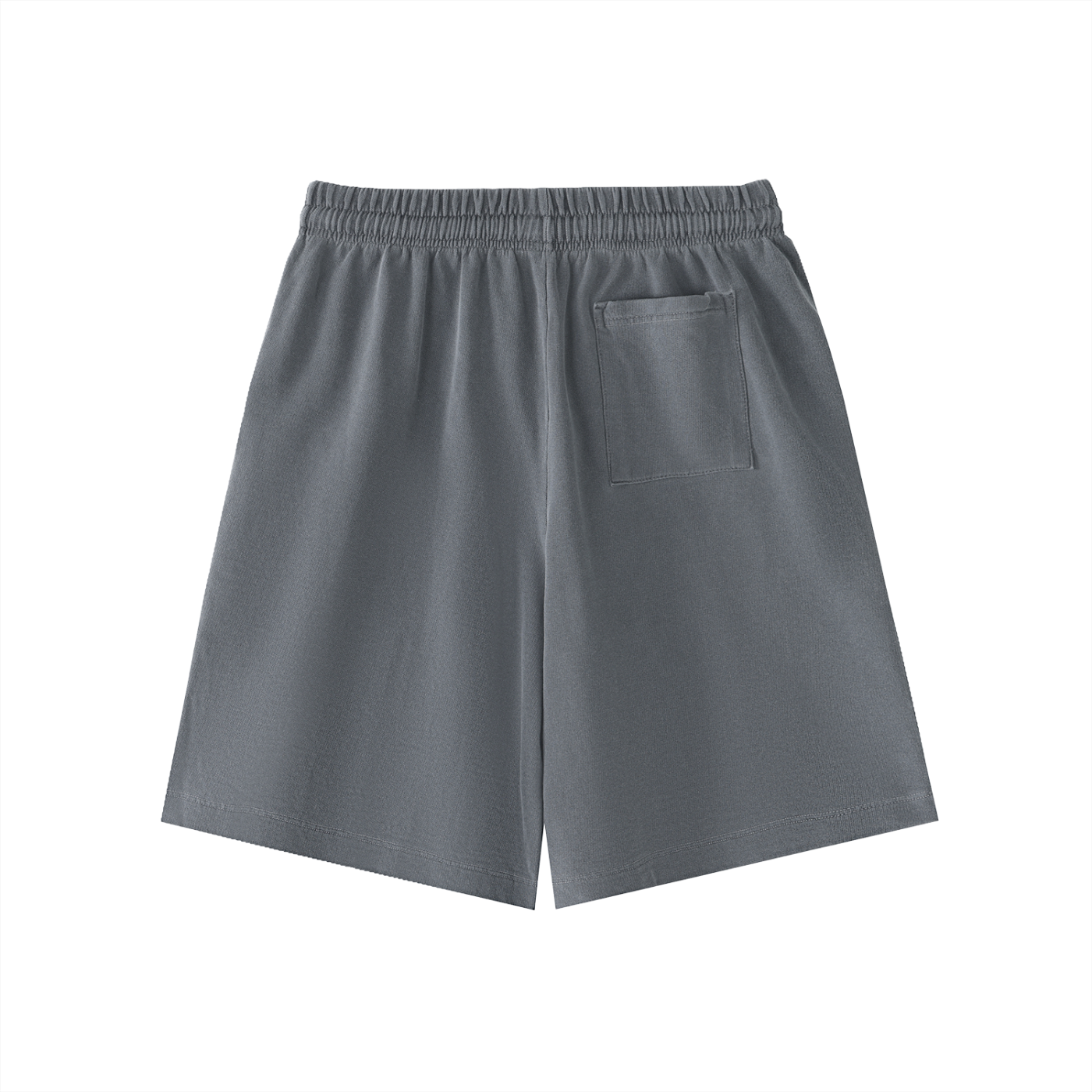 Charcoal gray vintage-wash cotton shorts with elastic waistband, drawstring, and front patch pocket.