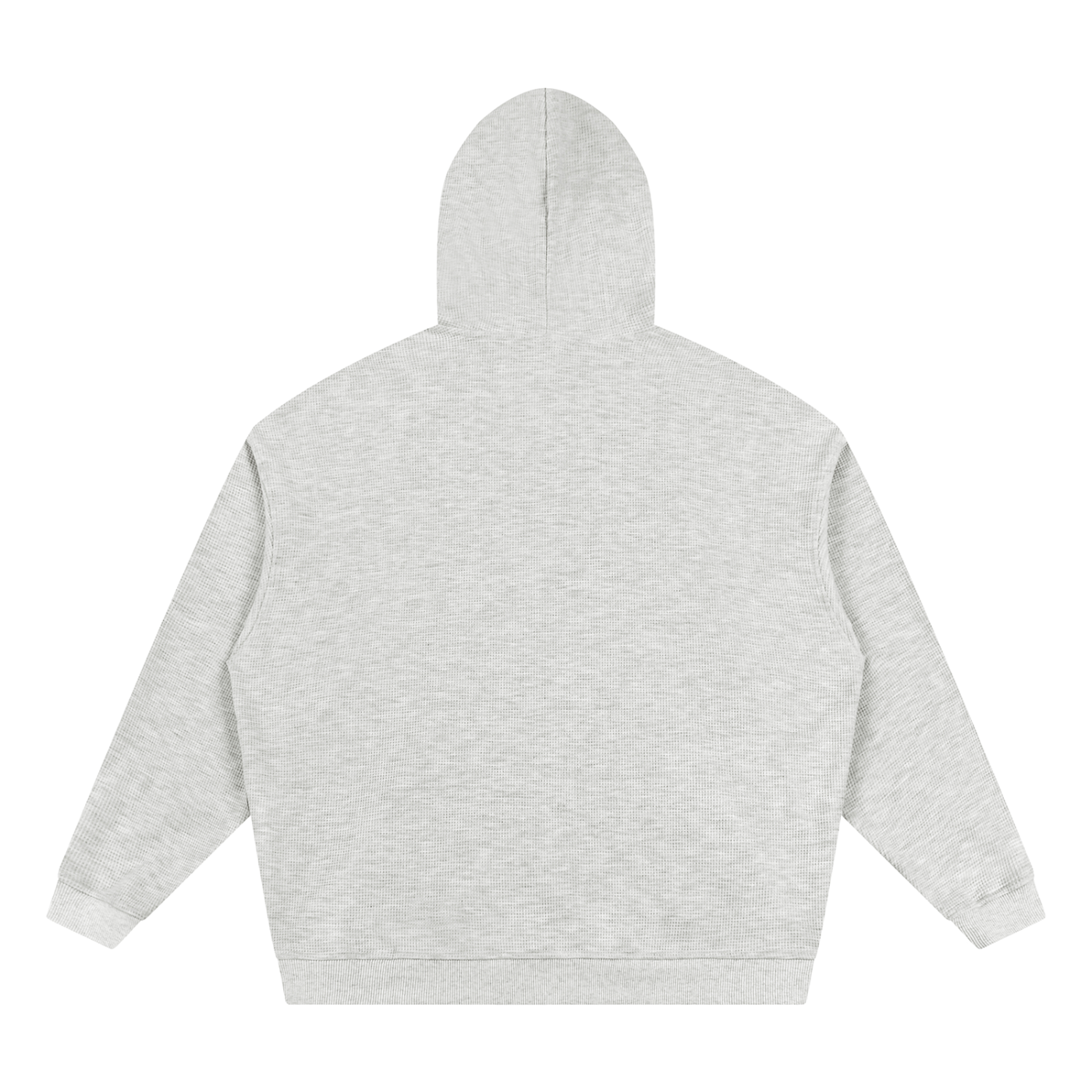 Light gray unisex waffle hoodie, back view with hood and long sleeves