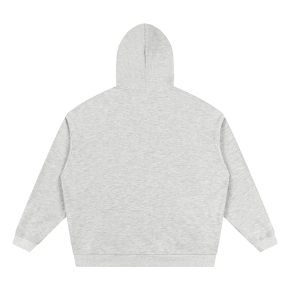 Light gray waffle pullover hoodie, back view with hood and relaxed fit