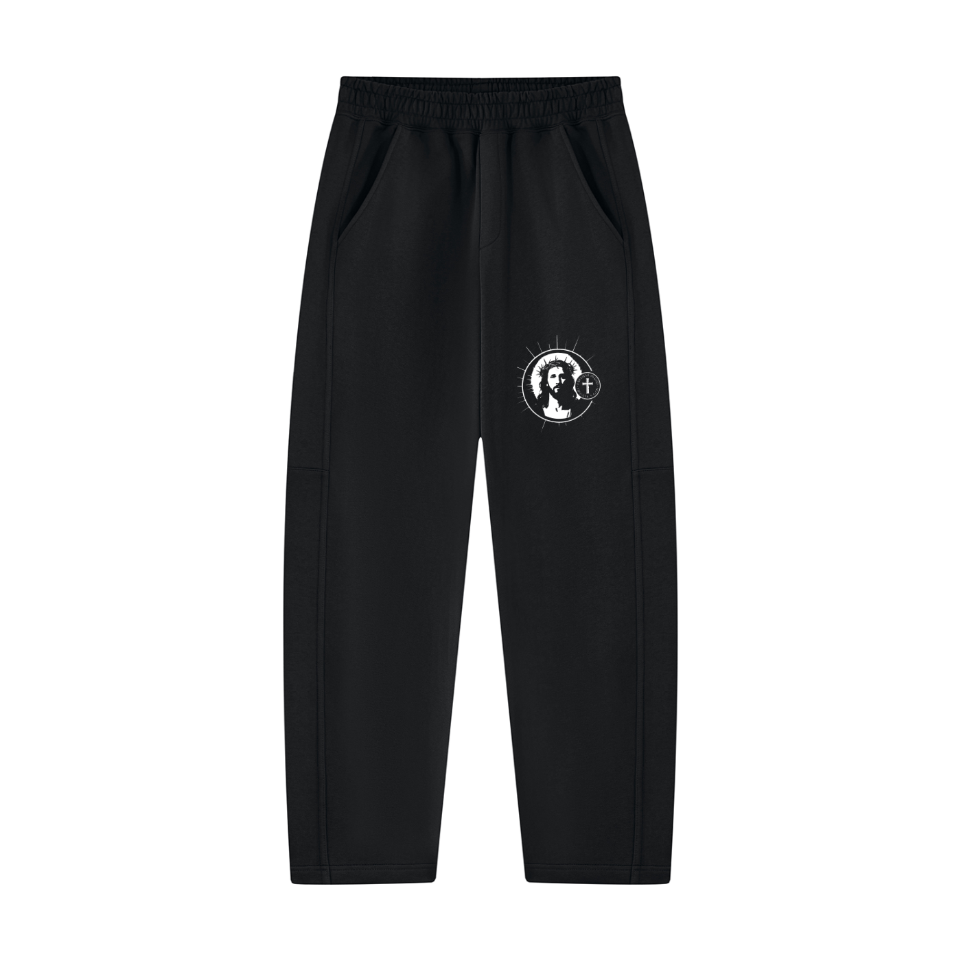 Black unisex tapered straight hem sweatpants, elastic waist, circular logo on leg, side pockets