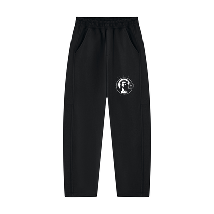 Black unisex tapered straight hem sweatpants, elastic waist, circular logo on leg, side pockets