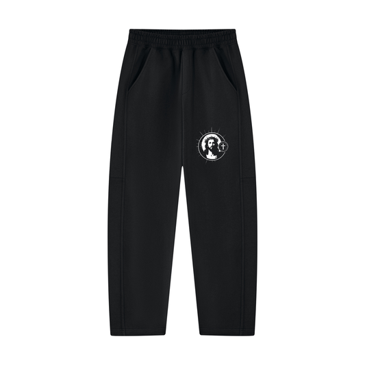 Black unisex tapered straight hem sweatpants, elastic waist, circular logo on leg, side pockets
