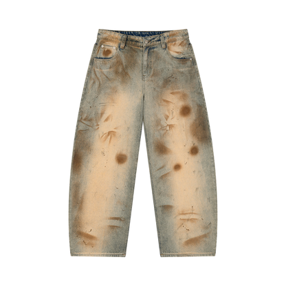 Men's vintage wash barrel-leg jeans, front with button fly, pockets, distressed light wash