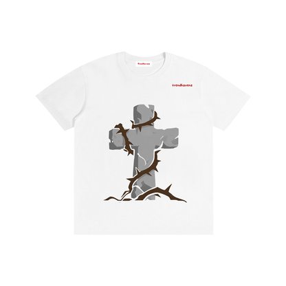Unisex pure cotton T-shirt, white with gray Jesus raising-arms graphic