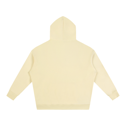 Oat yellow oversized fleece hoodie hooded back view, long sleeves, kangaroo pocket.