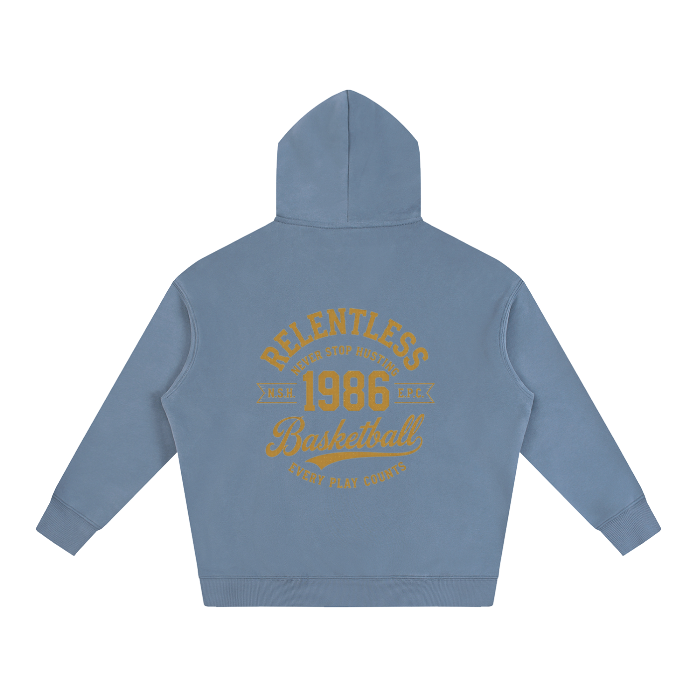 Oversize fleeced hoodie in dusty blue, back with basketball graphic