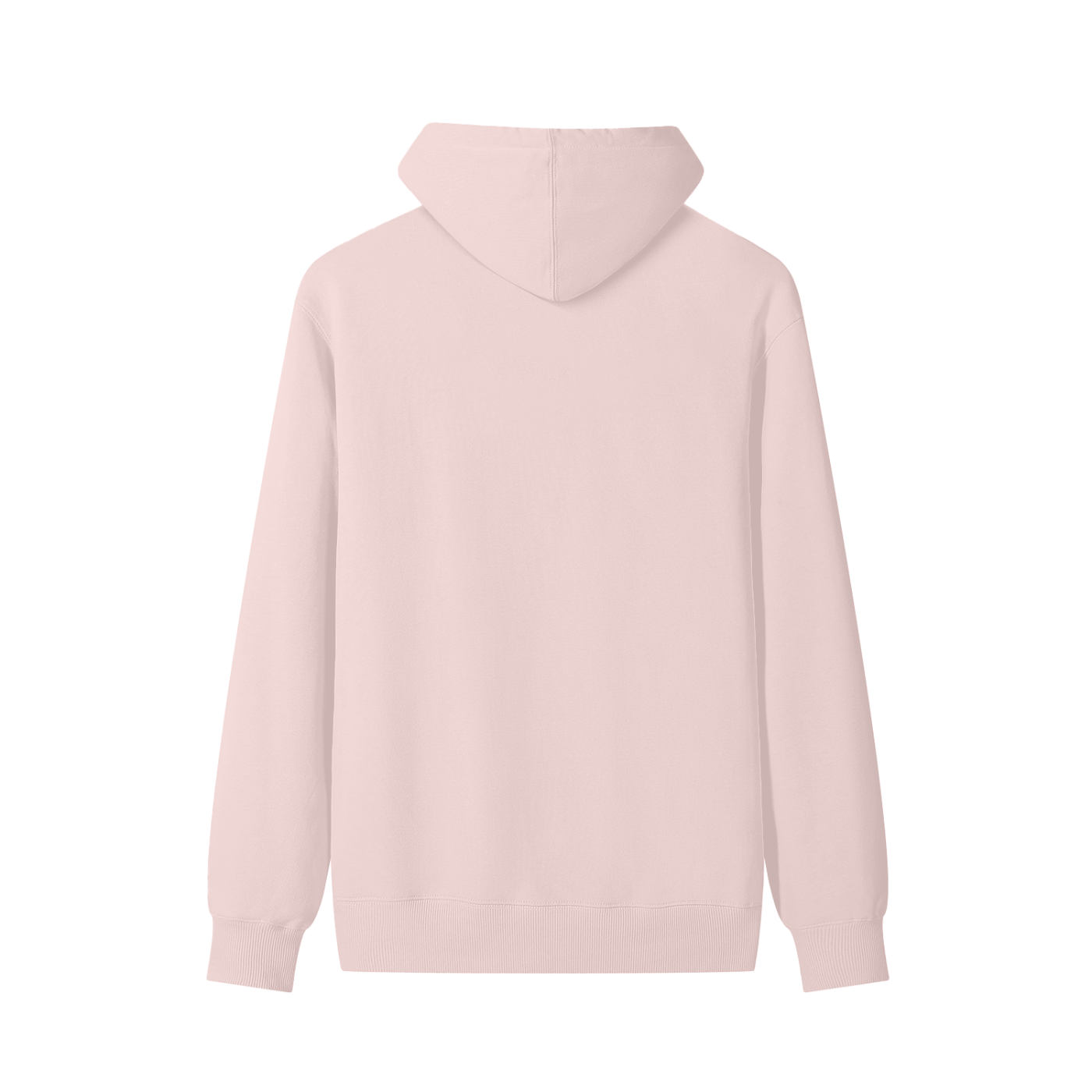 Cotton pullover hoodie, light pink, back view with adjustable drawstring hood