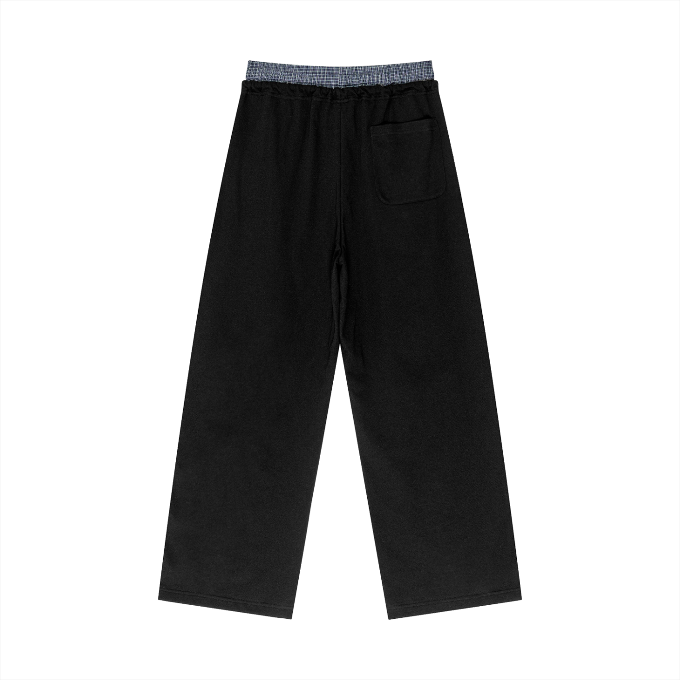 Black wide-leg pants with elastic waist, plaid contrast waistband, side pocket