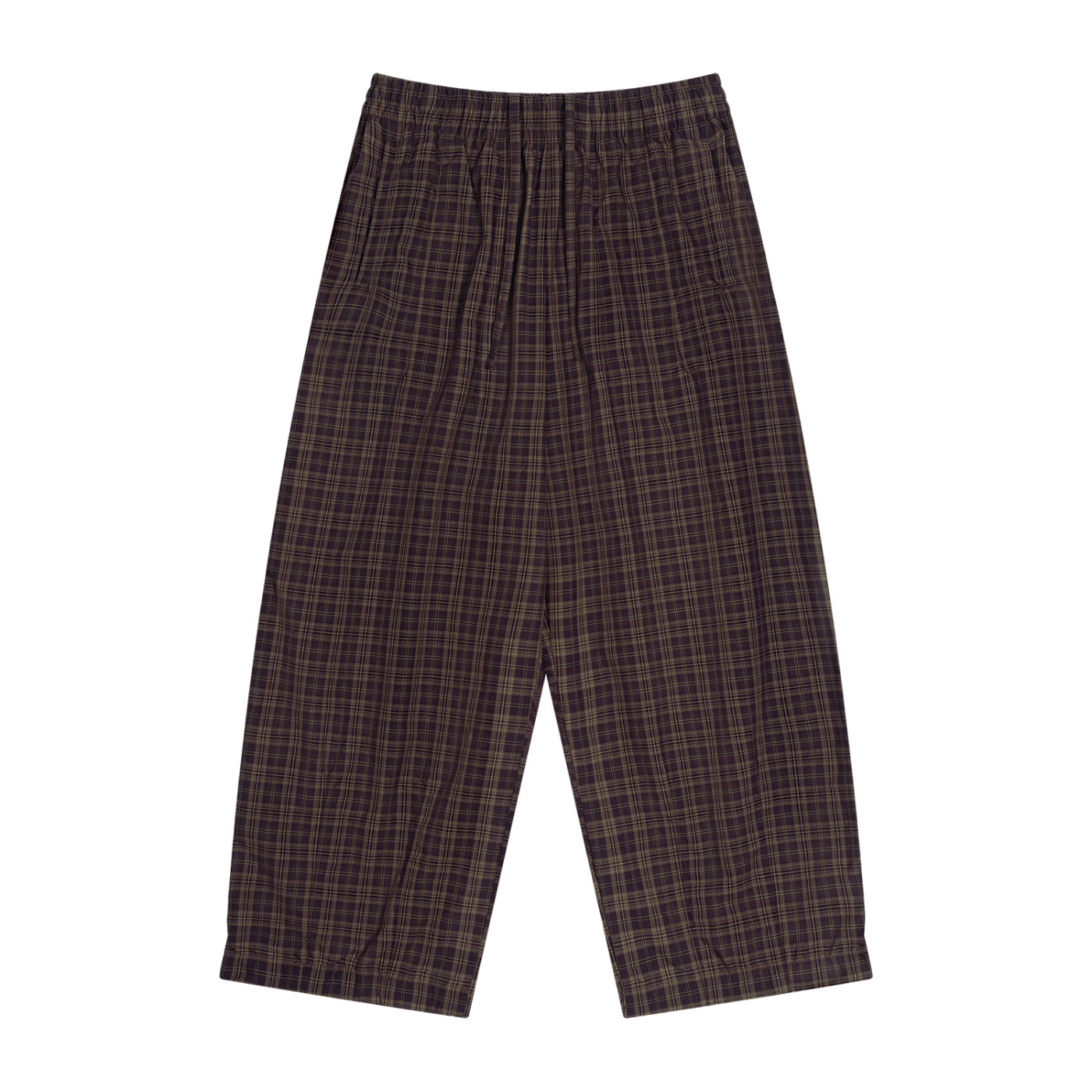 Unisex red-brown plaid wide-leg pants with elastic waistband and relaxed, wide legs