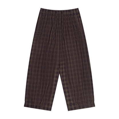 Dark red plaid wide-leg pants with elastic waistband and roomy leg opening
