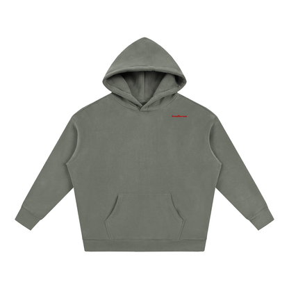 Oversized fleeced hoodie, gray hooded front with kangaroo pocket and ribbed cuffs