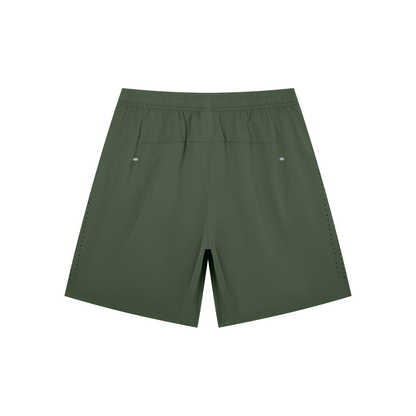 Men's performance shorts in army green, elastic waistband, side pocket openings