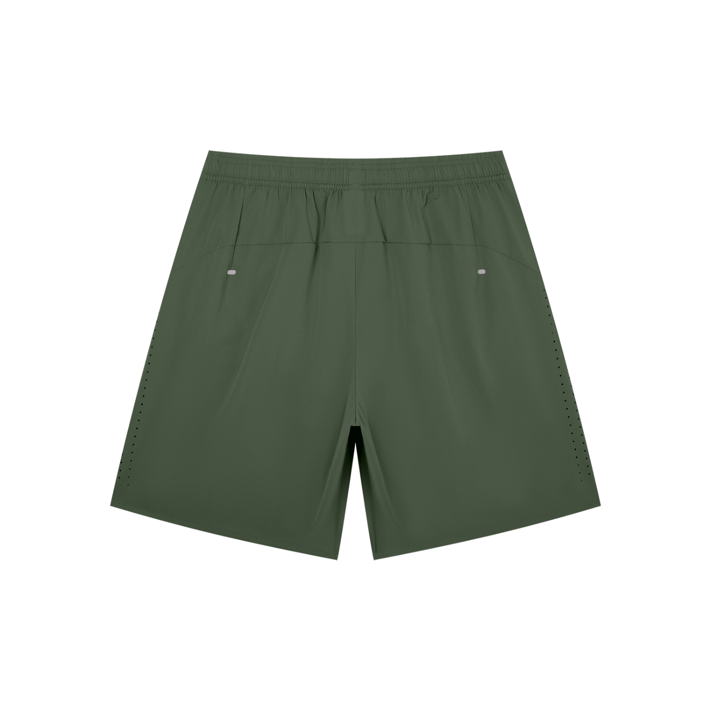 Men's army green performance shorts with elastic waistband and side eyelet details