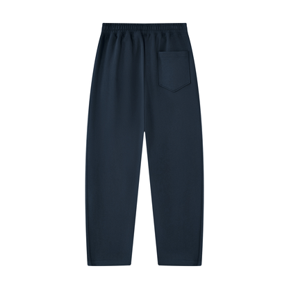 Navy blue unisex tapered sweatpants with elastic waistband and front pocket