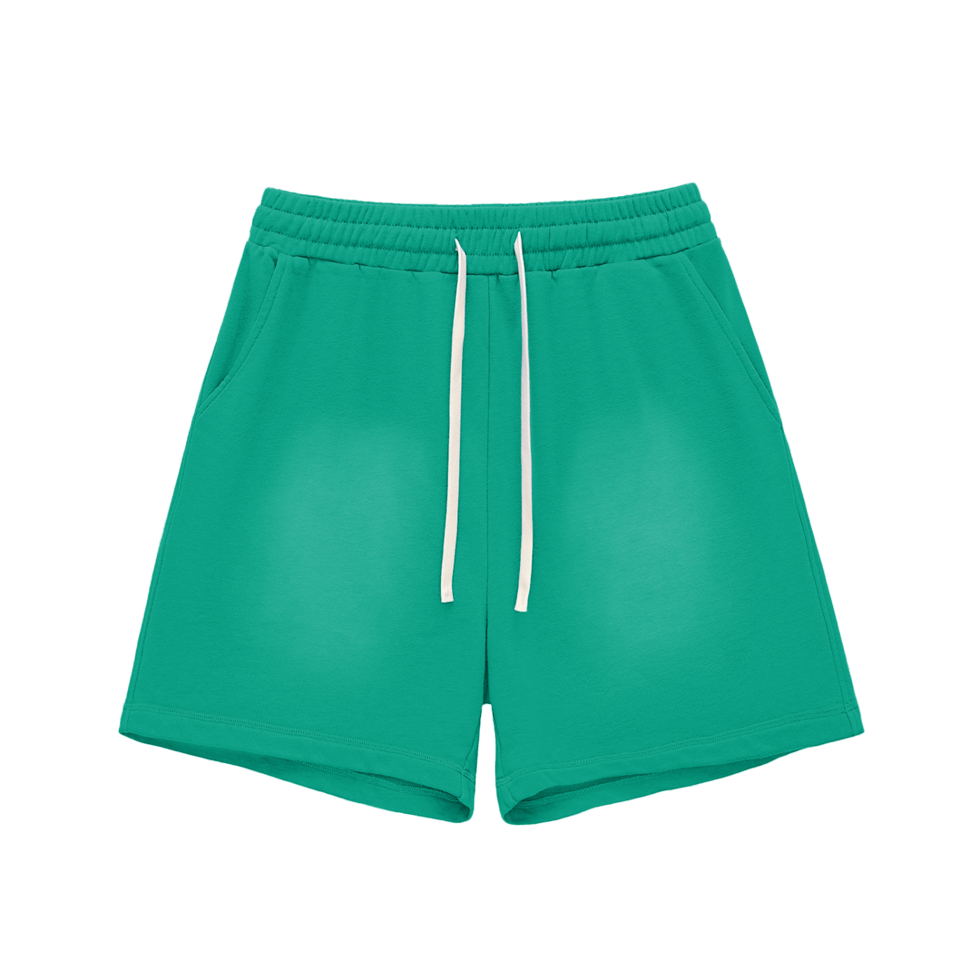 Green cotton shorts with elastic waistband, drawstring, raw hem, sun-fade distress.