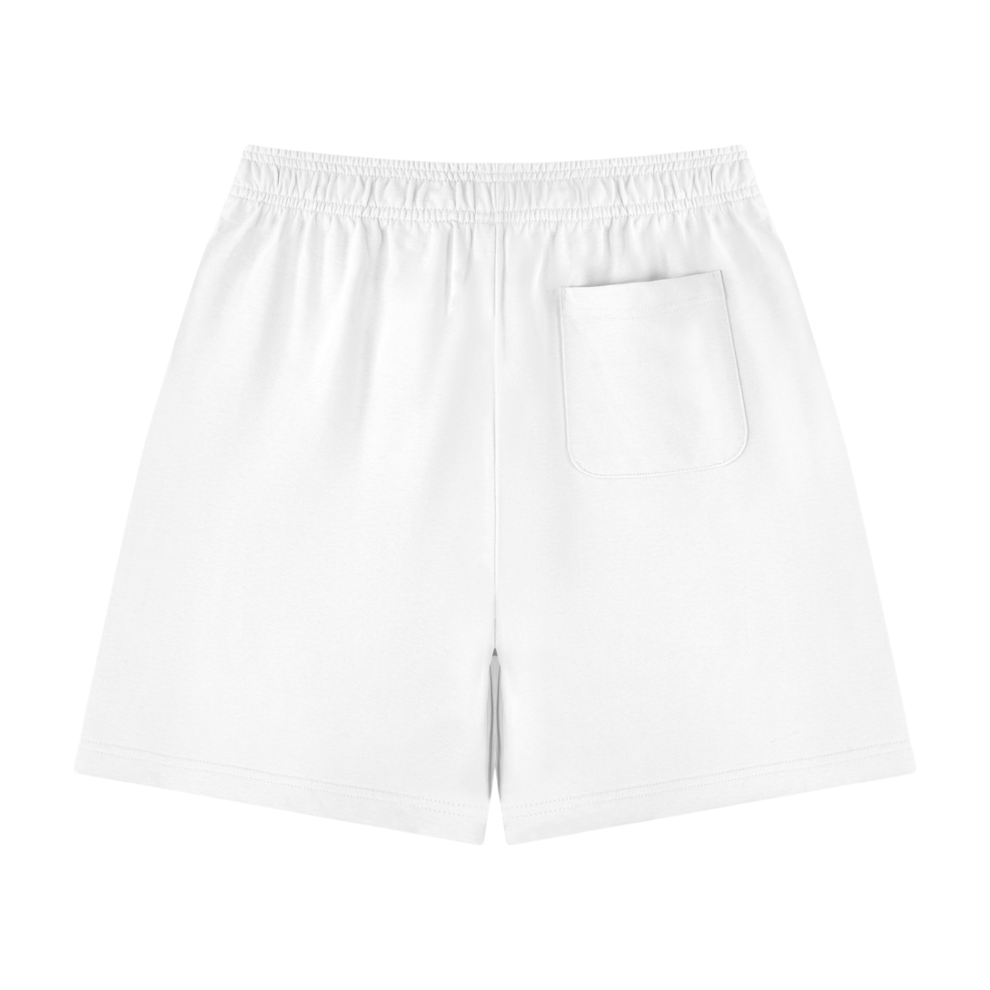 Unisex cotton drawstring shorts in white, front pocket, relaxed fit