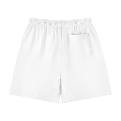 Unisex cotton drawstring shorts in white, front pocket, relaxed fit