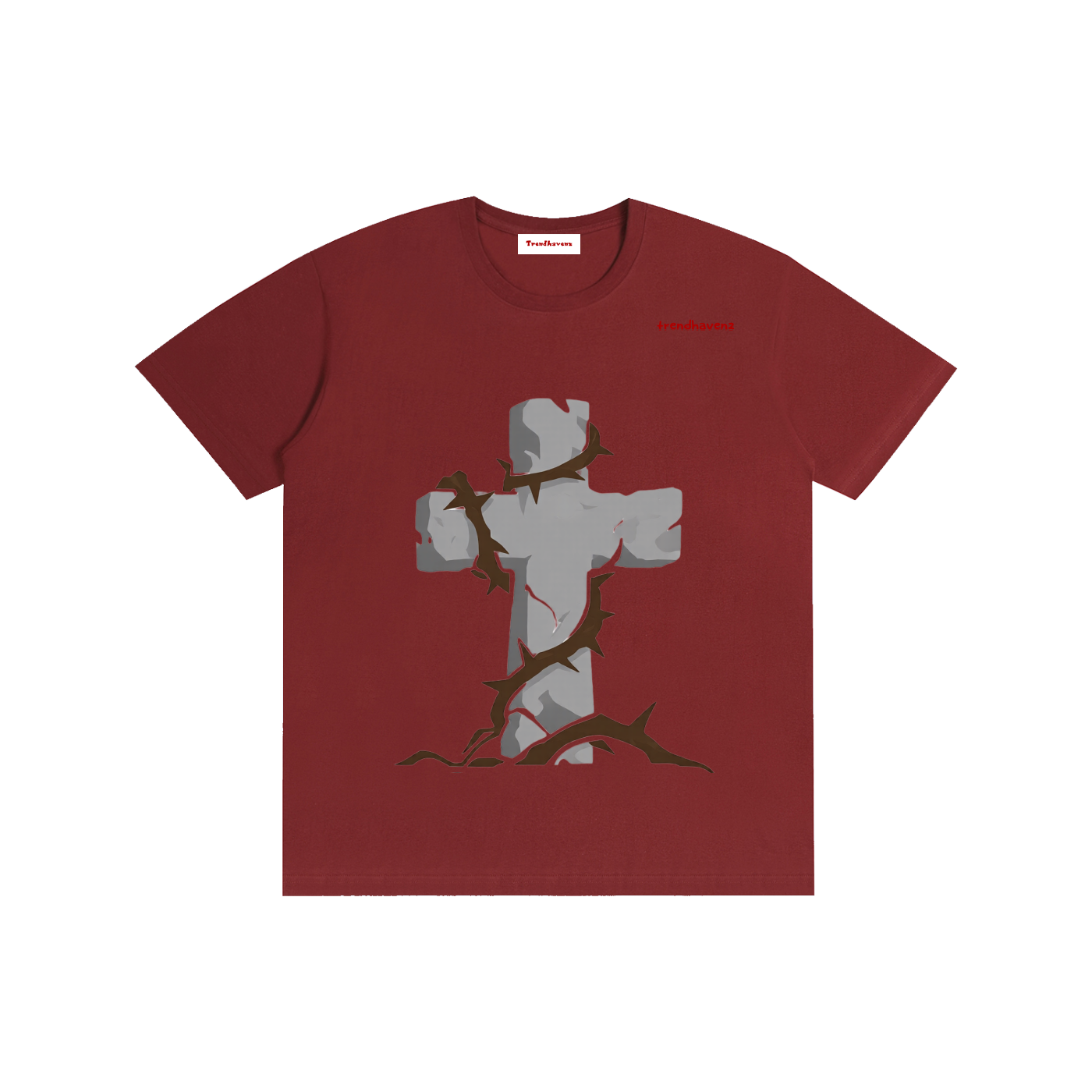 Unisex cotton T-shirt, dark red, gray Jesus kneeling graphic