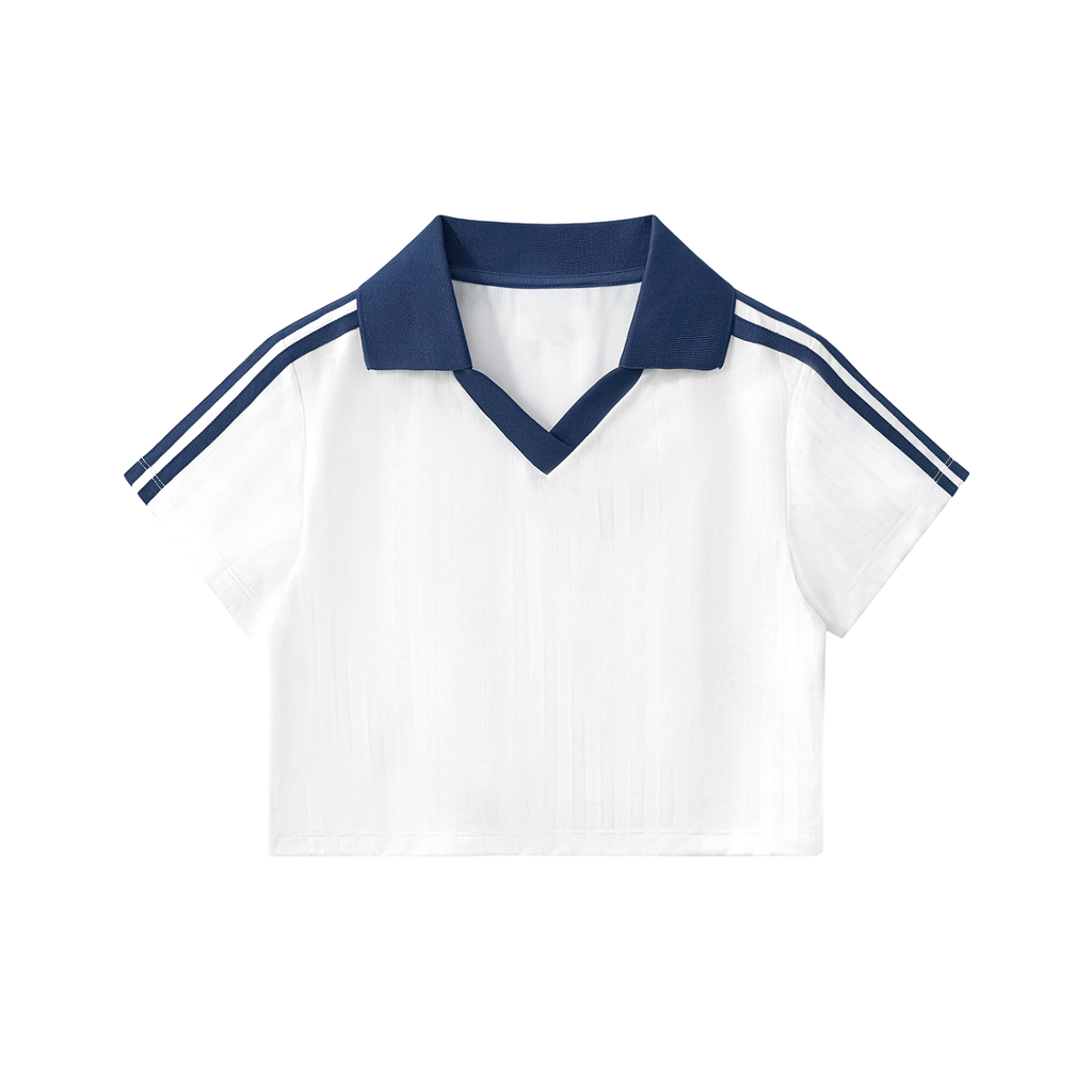 Cropped jersey top with contrast navy collar and dark stripes on white fabric.