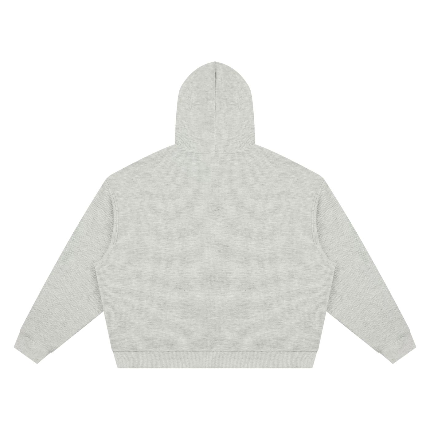 Textured waffle boxy hoodie, light heather gray, back view with hood and kangaroo pocket