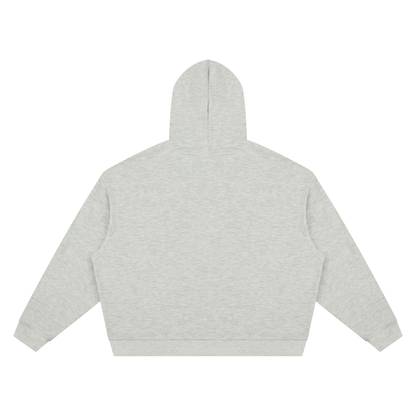 Light gray unisex boxy pullover hoodie, back view with hood and front kangaroo pocket