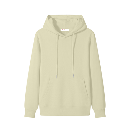Cream/beige cotton pullover hoodie with hood, drawstrings, and kangaroo pocket.