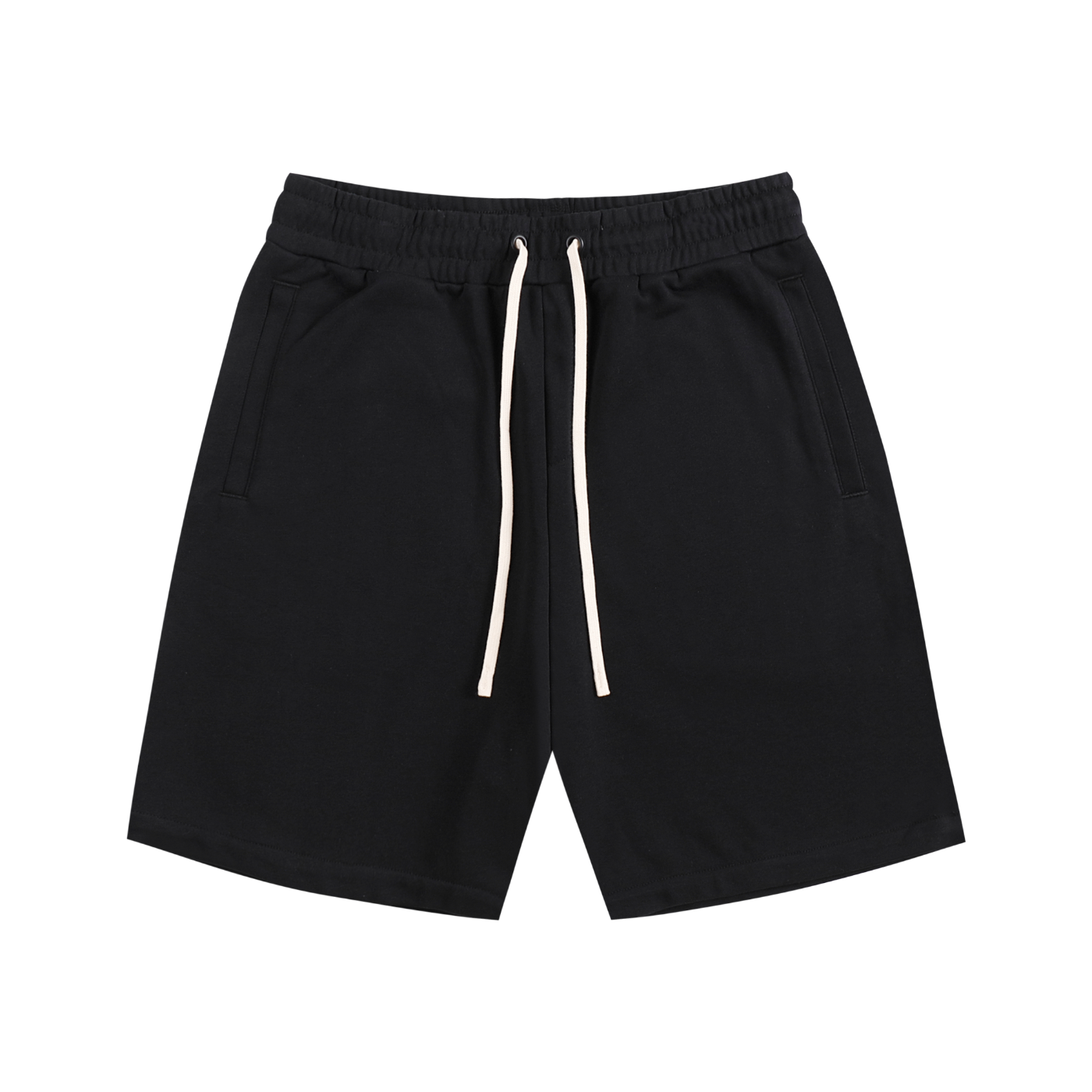 Cotton streetwear shorts, black with elastic waistband and drawstring, side pockets