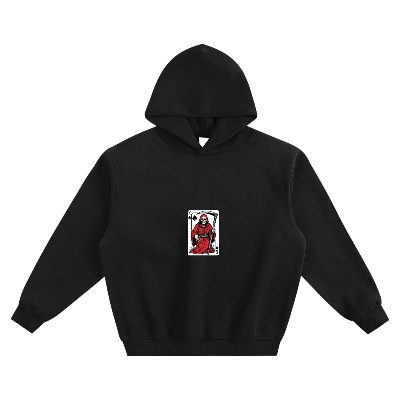 Boxy fleece hoodie, black, front small skeleton playing-card graphic