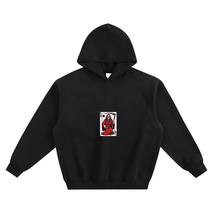 Boxy fleece hoodie, black, front small skeleton playing-card graphic
