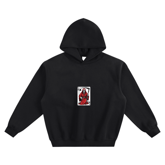 Boxy fleece hoodie, black, front small skeleton playing-card graphic
