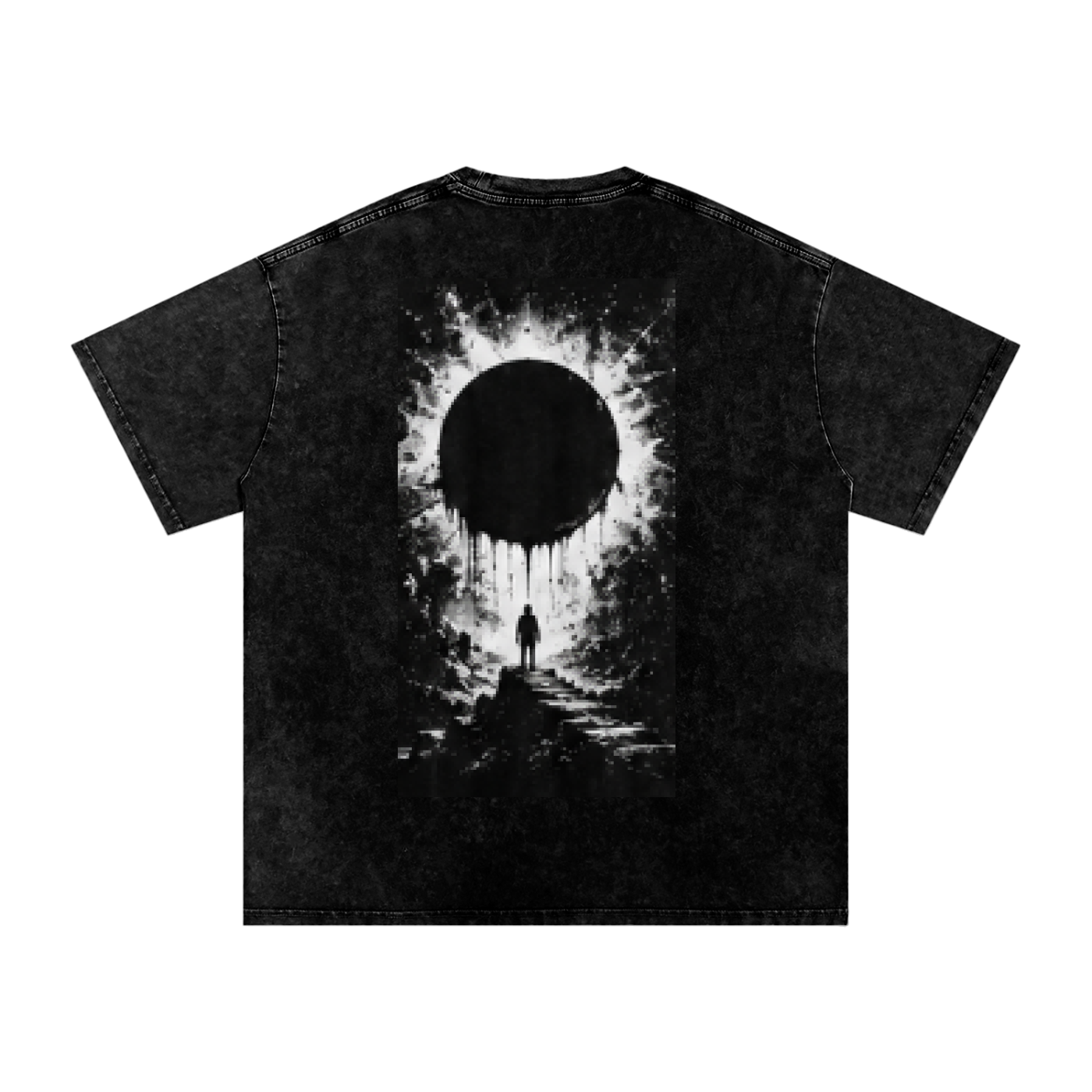 Black oversized T-shirt with back eclipse graphic and central figure