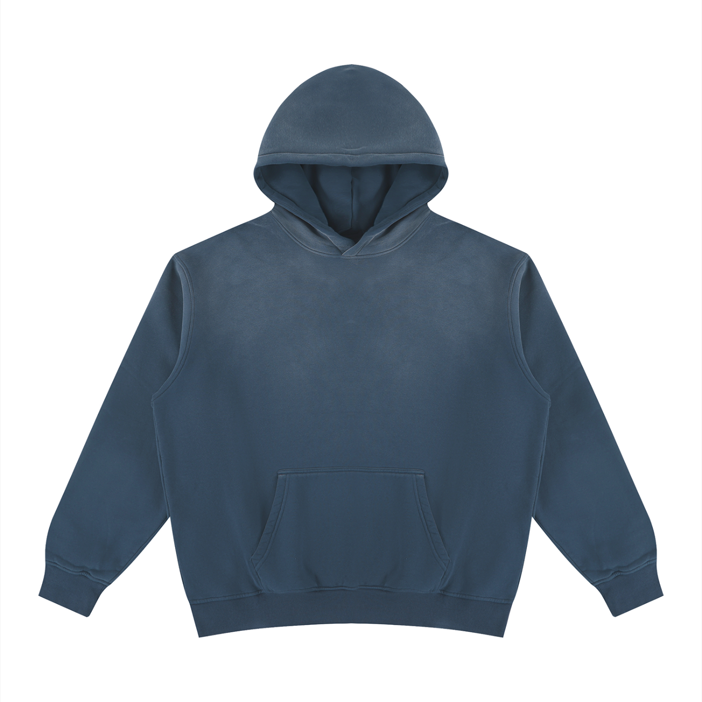 Unisex vintage wash fleece hoodie, washed blue, front view with hood and kangaroo pocket