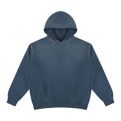 Unisex vintage wash fleece hoodie, washed blue, front view with hood and kangaroo pocket