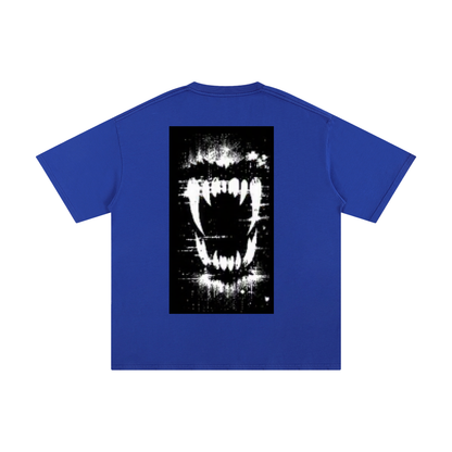 FERAL pure cotton T-shirt, royal blue with black-and-white graphic print