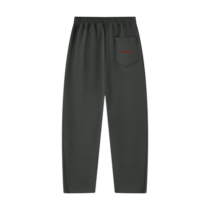 Unisex tapered straight hem sweatpants, dark gray, elastic waistband, front pocket with logo