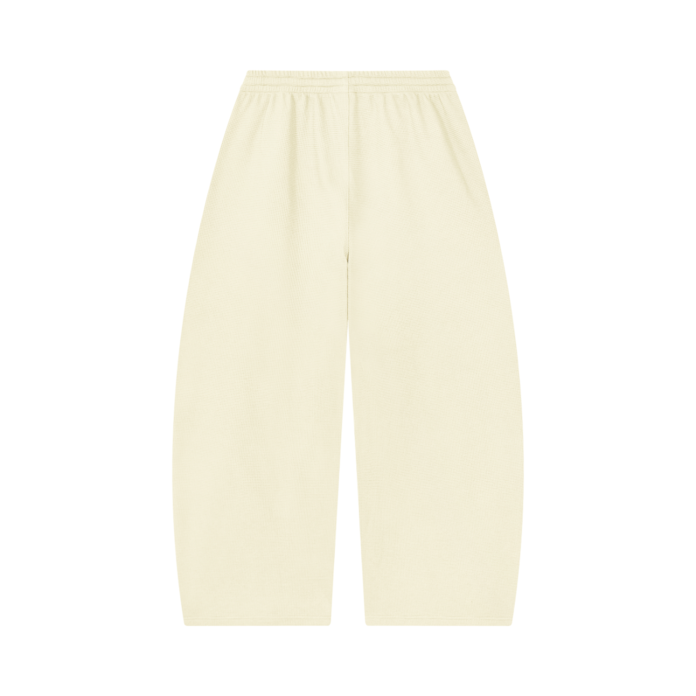 Unisex barrel-leg pants in oat-cream with elastic waistband, back view