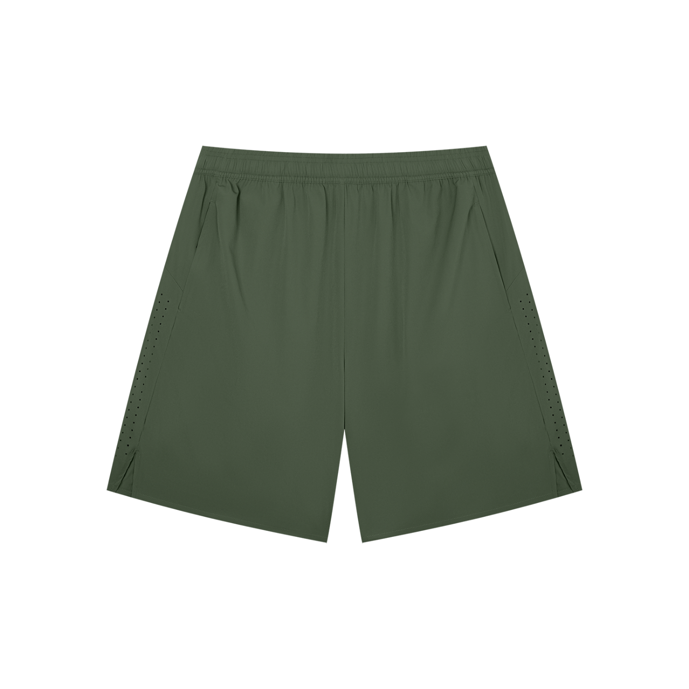 Men's performance shorts in army green, elastic waistband, dotted side trim
