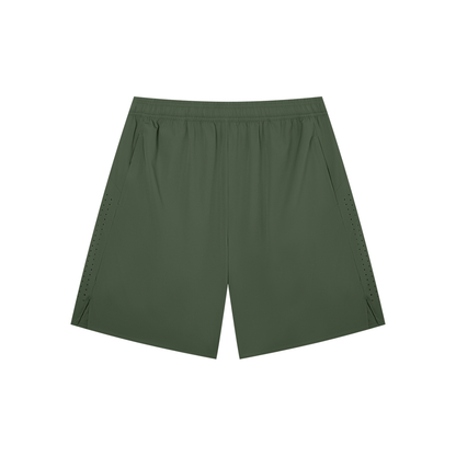 Men's army green performance shorts with elastic waistband, above-knee cut