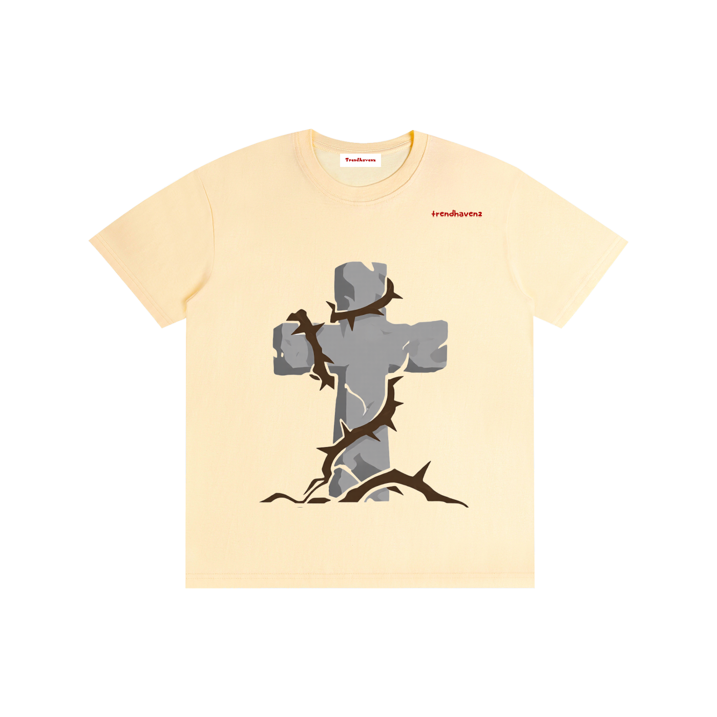Unisex pure cotton T-shirt, cream with gray Jesus raising-arms graphic