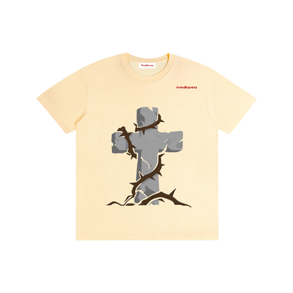 Unisex pure cotton T-shirt, cream with gray Jesus raising-arms graphic