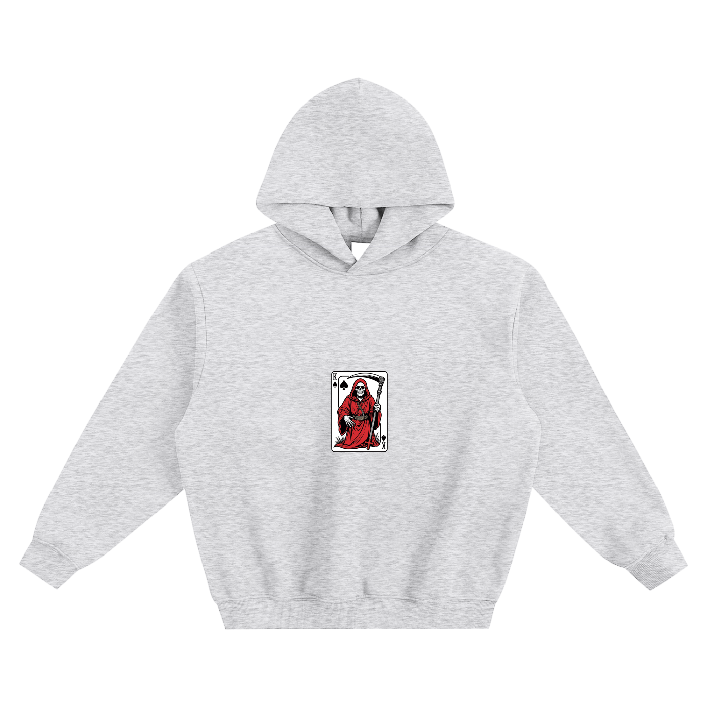 Boxy fleece hoodie, heather gray, front small skeleton playing-card graphic