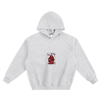 Boxy fleece hoodie, heather gray, front small skeleton playing-card graphic