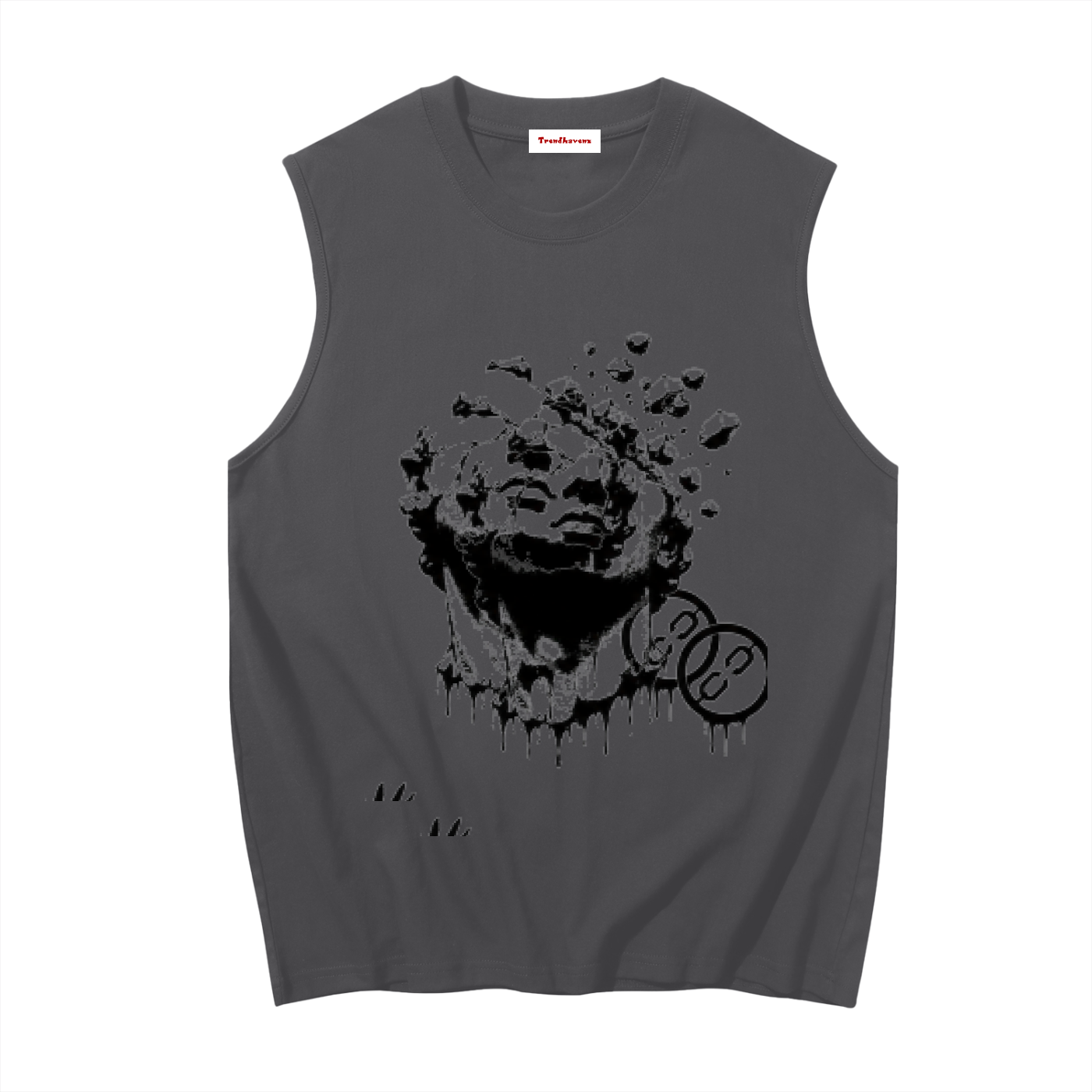 Black sleeveless tank with melting face graphic print