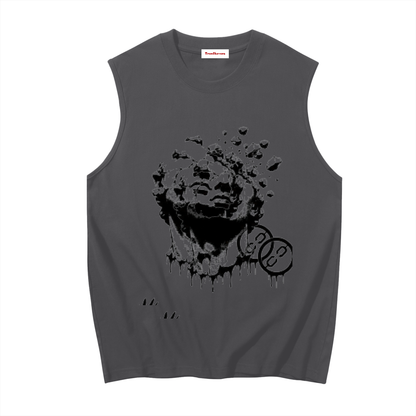Black sleeveless tank with melting face graphic print