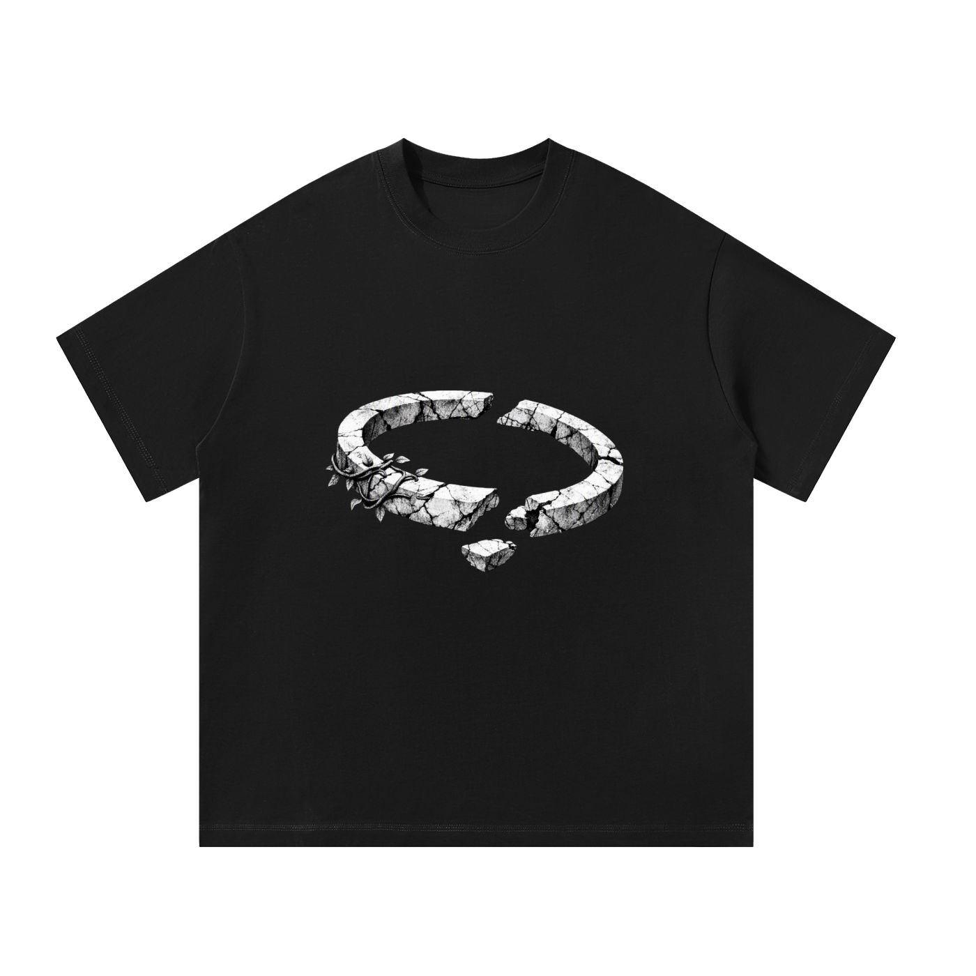 Black oversized t-shirt with large monochrome graphic print on front