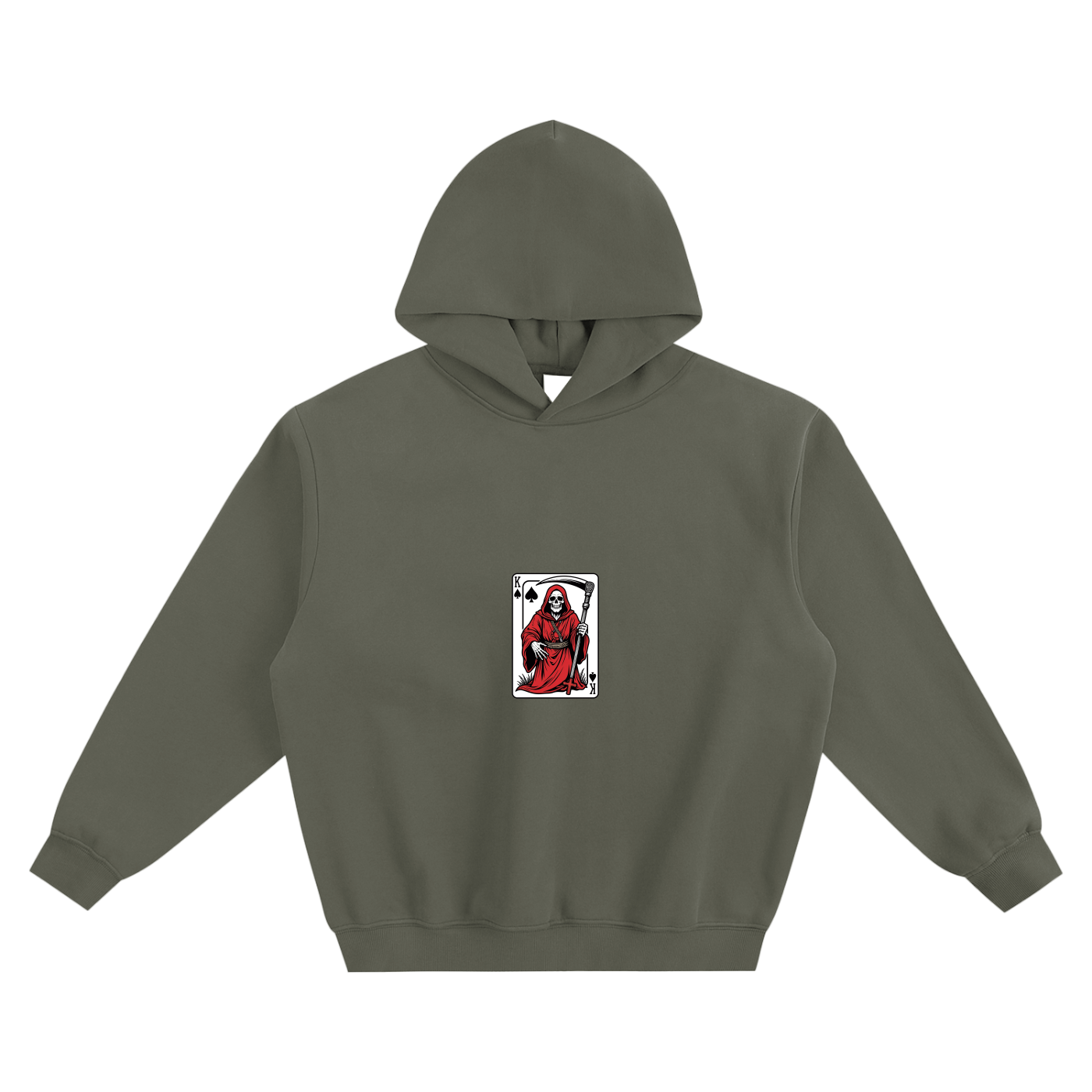Boxy fleece hoodie, gray green, front small skeleton playing-card graphic