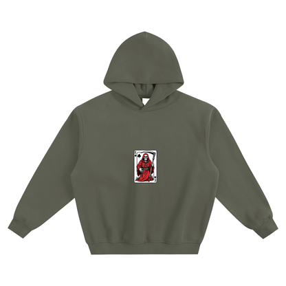 Boxy fleece hoodie, gray green, front small skeleton playing-card graphic