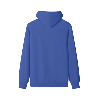 Blue pullover hoodie, back view, with hood and kangaroo-pocket hem